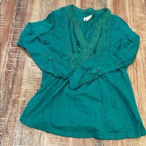Meadow Rue x Anthropologie Teal Cotton Boho 3/4 Sleeve Peasant Tee